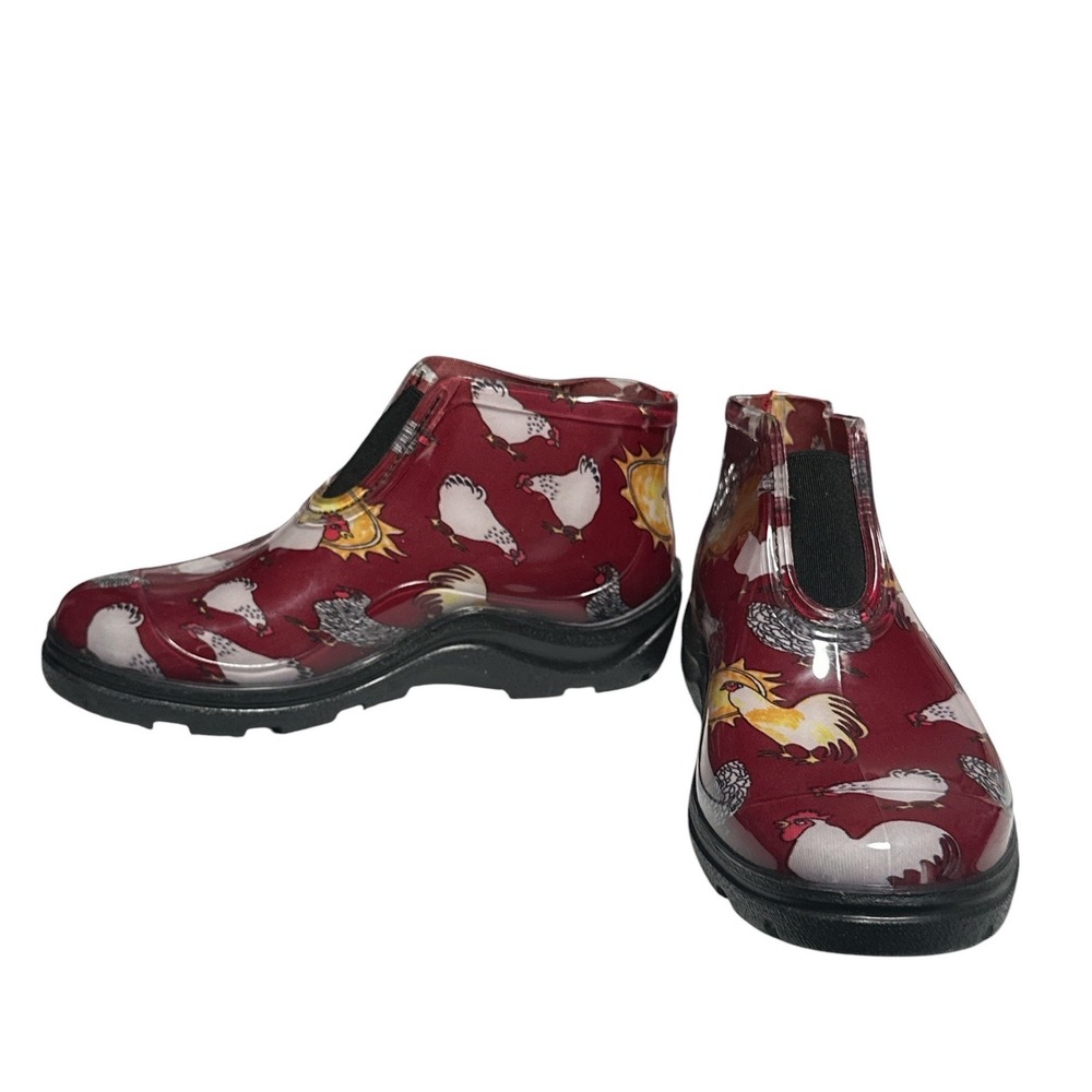 Sloggers Women 6 Red Chicken Print Waterproof Rain Garden Ankle Boots Lug Sole